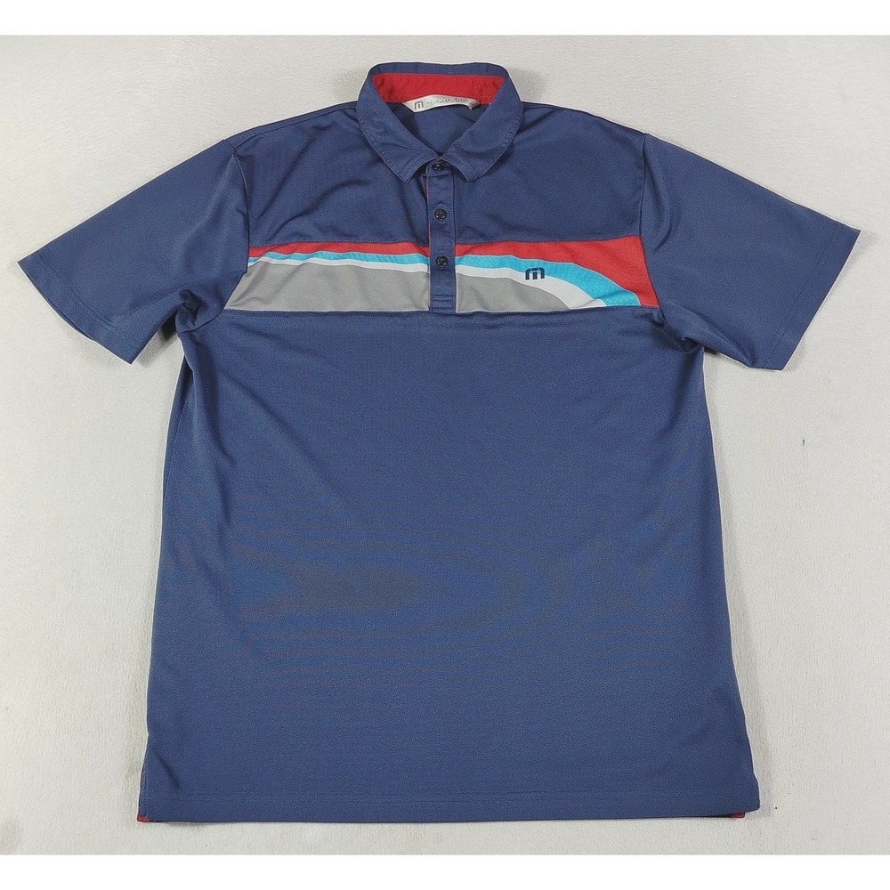 TravisMathew Polo Shirt Mens Medium Blue Colorblock Stripe Golf Tech Stretch